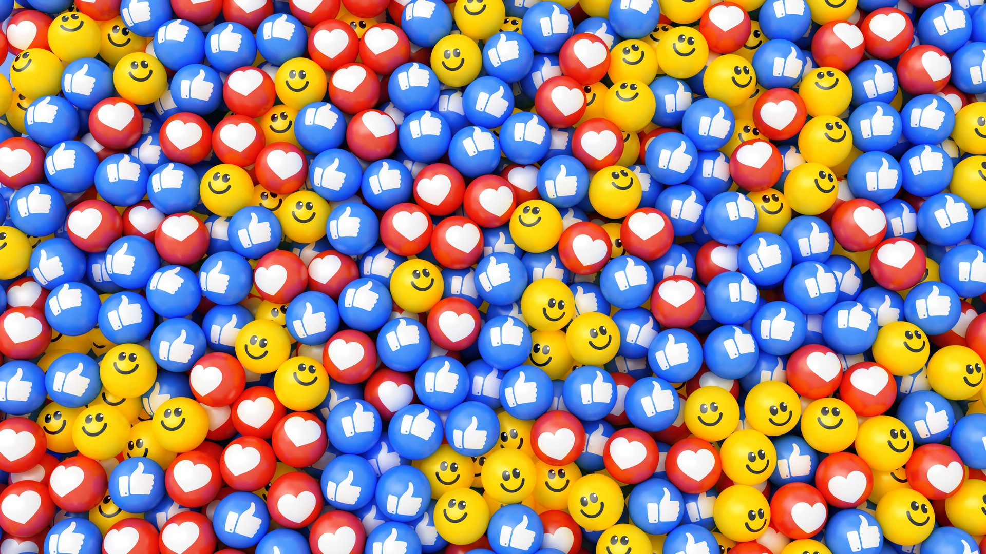 Social media icon background. Multicolor balls with smile face, heart and thumbs up symbols.